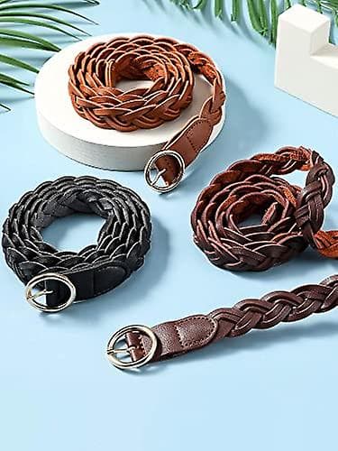 3 st kvinnors flätade läderbälte smala vävda flätade bälte O-ring spänne läderbälte