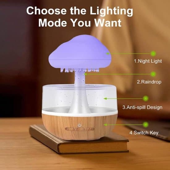 RainCloud luftfuktare med vattendroppe svampdesign och 7-färgs aromdiffusor