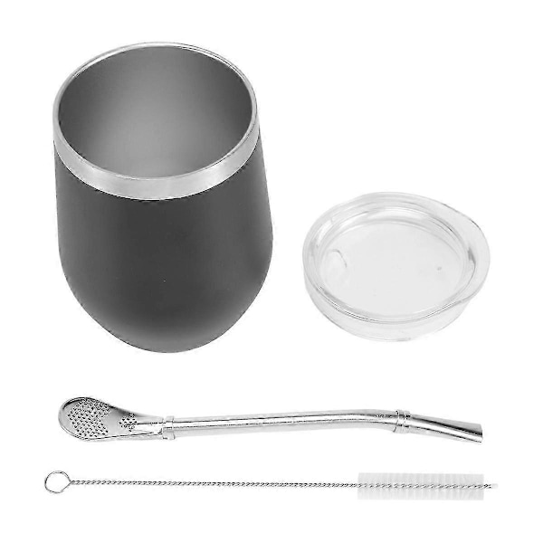 Dubbelväggig Yerba Mate-teset i rostfritt stål, vatten Mate-tekopp med lock, sked, sugrör, Bombilla Fil