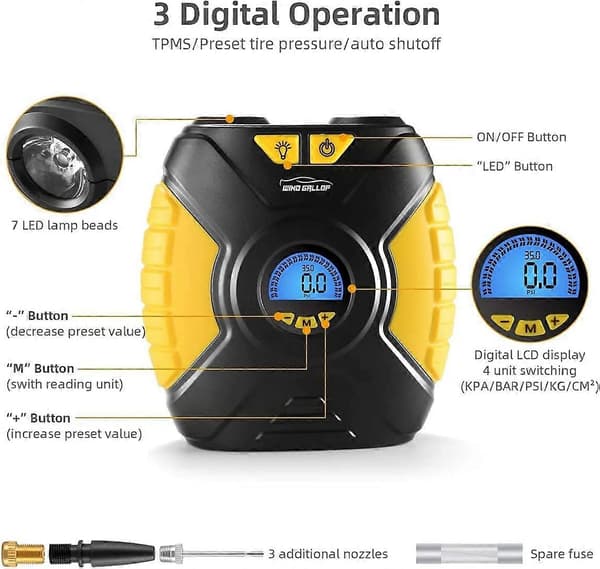 Digital Bil Däckpump Portabel Luftkompressor för Bil Däck Automatisk 12v Elektrisk Bil Luftpump för Bildäck med Däcktrycksmätare Ventil A
