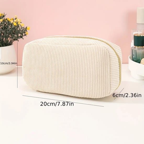 Women's Cosmetic Bag with 3 Internal Compartments - Corduroy, Portable and Pink