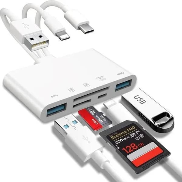 5-i-1 minnekortleser - OTG-adapter - iPhone/iPad - USB-C - USB-A - LAN