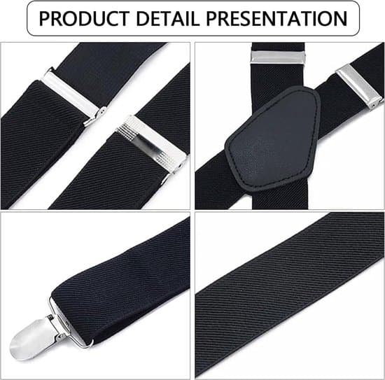 Herr X-formad bred retro hängselrem med robusta klämmor - Svart, storlek L