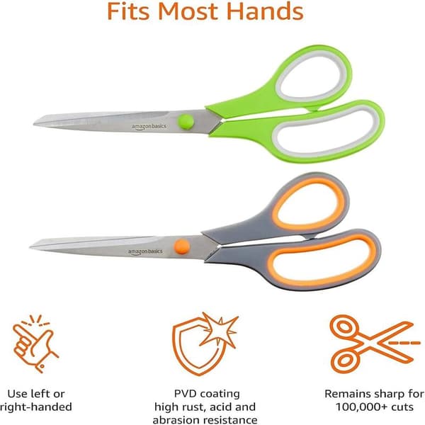 Basic Stainless Steel Scissors for Office, Craft, and Universal Use, Sharp, Comfortable Grip, PVD Coated, 2-Pack, Green and Gray