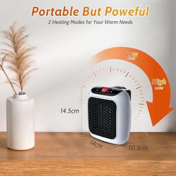 Mini smart väggmonterad elektrisk värmare, 800W, bärbar, med justerbar termostat och timer, LED-display