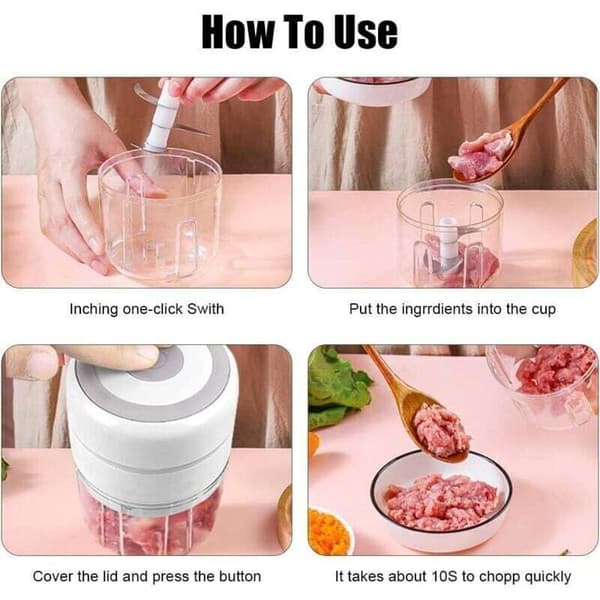 Mini elektrisk lök-hackare med 2 koppar, multifunktionell elektrisk köksmixer/hackare 250ML+100ML, USB-uppladdningsbar för grönsaker, frukter, kött (vit)