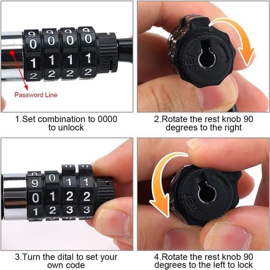 Cable Lock Combination Lock 4-piece - secure and compact - suitable for bicycles and helmets