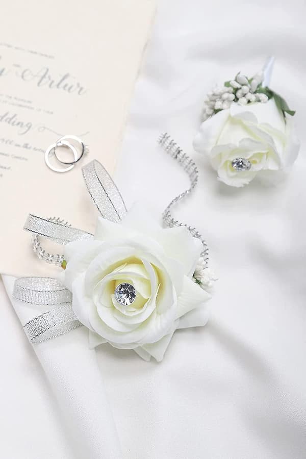 2-pack bröllopshandledskorsage och corsage set, vit bröllopsblomma accessoar boll set dekoration
