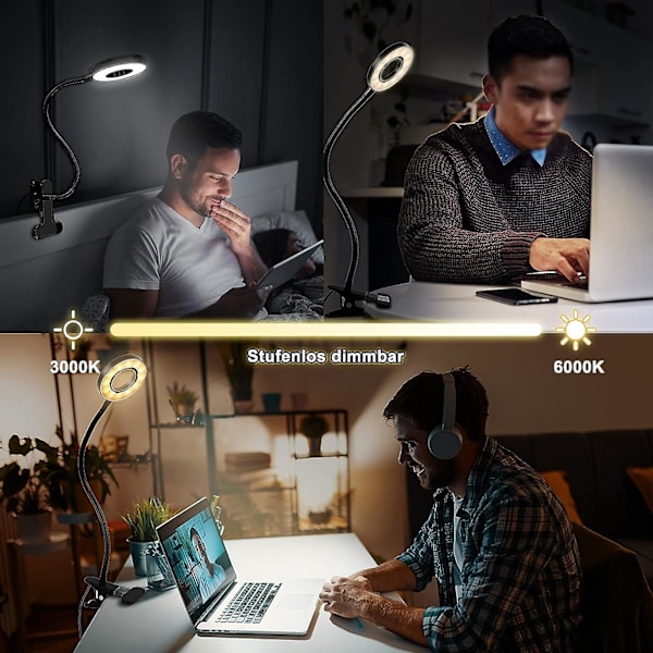 360 Fleksibel LED Klemmelampe - 3 Moduser & 10 Dimmingsnivåer - For Sengegavler, Soverom, Kontorer - 12w - Med CE Adapter - Svart