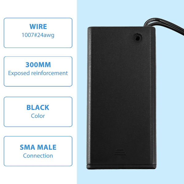 Batterihållare för 9V PP3-batteri med sladd, strömbrytare, lock och 2,1 mm-kontakt