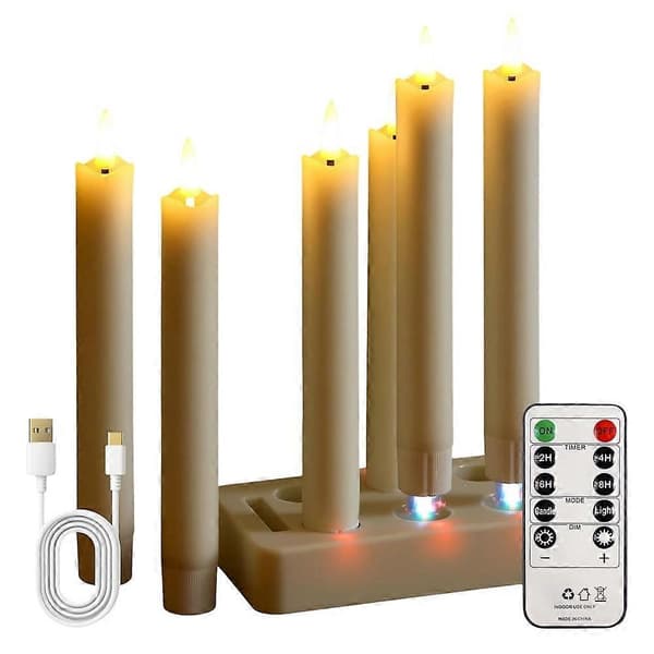 Rechargeable LED Taper Candles with Remote Control and Timer, Wax Set of 6 with Charging Station, Flickering 3D Wick Warm Light