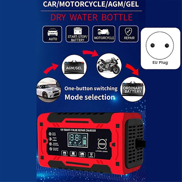 12V&24V 6A Smart Fuldt Automatisk Batterilader med Temperaturkompensation til Bil Lastbil Motorcykel Batteri EU Stik