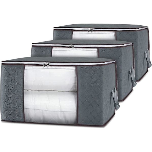 [3-pack] Stor förvaringsväska för kläder med förstärkt handtag för täcken, filtar, hopfällbar förvaring under sängen (grå)