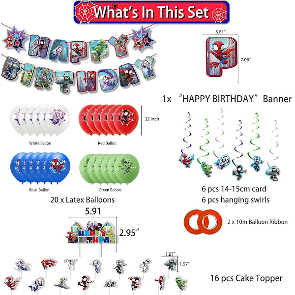 Spidey och hans fantastiska vänner festtillbehör Dekorationer Förmåner, spidey Happy Birthday Party Supplies Inkludera Banner, Ballon, Cake Topper Och Cupcake