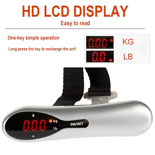 Kannettava digitaalinen matkalaukkuvaaka LED-taustavalolla, 50 kg:n taaraustoiminto matkatavaroille, hopea