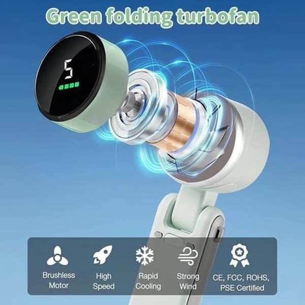 3-i-1 bærbar turboventilator. Sammenfoldelig. USB-interface. 5 blæserhastigheder. 180° justerbar nakkestrop.