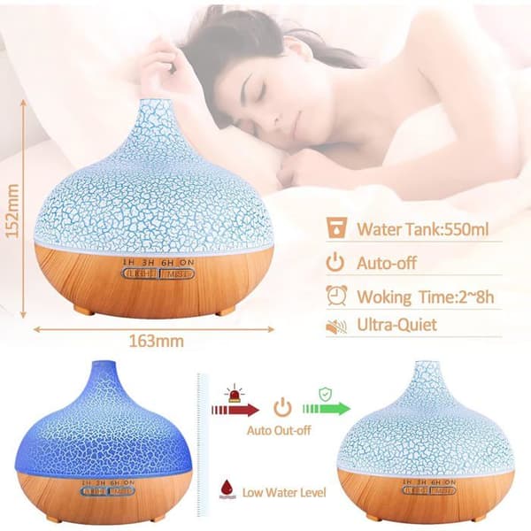 Diffuser til æteriske olier, 550 ml ultralyds luftfugter elektrisk aromaterapi diffuser med fjernbetjening, 7 farver