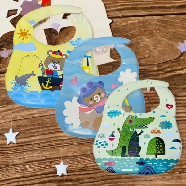 3-pack Waterproof Bibs for Boys with Velcro Pocket BPA-Free Pattern