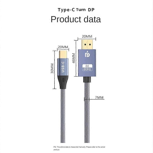 USB-C till DisplayPort-kabel Bidirektionell 8K 60Hz Display Port till Typ-C 3.1 DP-kabel för 3 för Pro