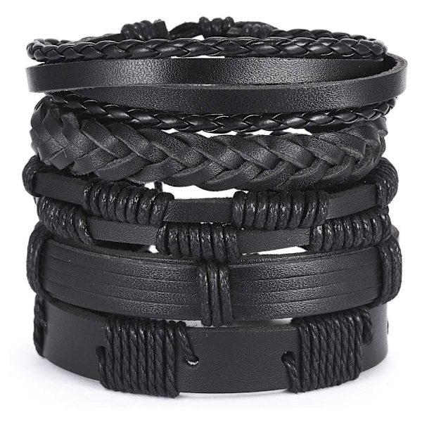 5-pak håndlavede læderarmbånd til mænd, sort