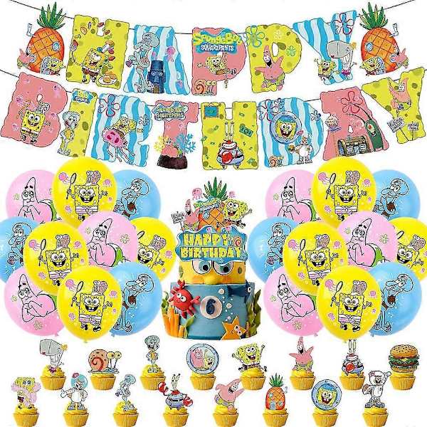 Svampebob Firkant Tema Barn Søt Bursdagsfest Baby Shower Utstyr Kit Banner Ballonger Kake Cupcake Toppers Dekorasjoner Sett 2024THO