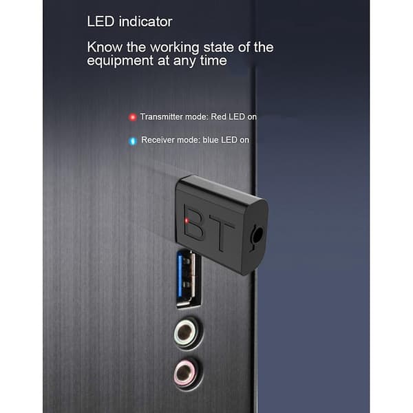 Bluetooth 5.0 Sender Mottaker Mini 3.5MM AUX Lyd Trådløs Adapter LED Indikator 2I1 Bilsett