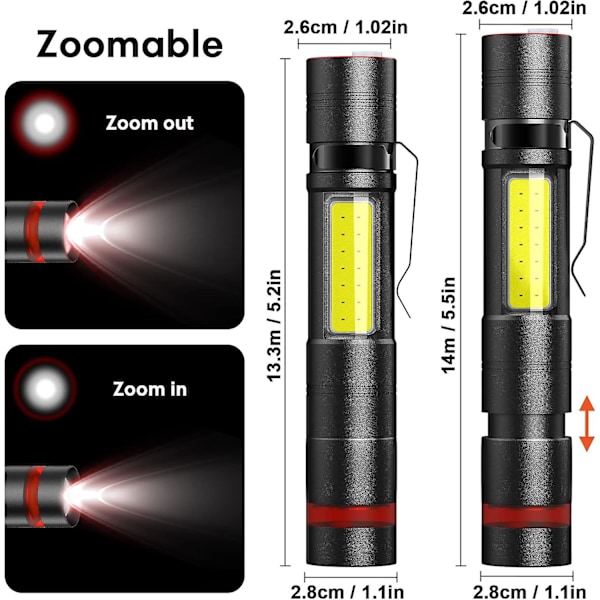 Mini LED Lommelygte 2 Stk, Stålklips & COB, Små USB Genopladelige Lommelygter, Bærbar Og IPX5 Vandtæt Til Camping, Vandring