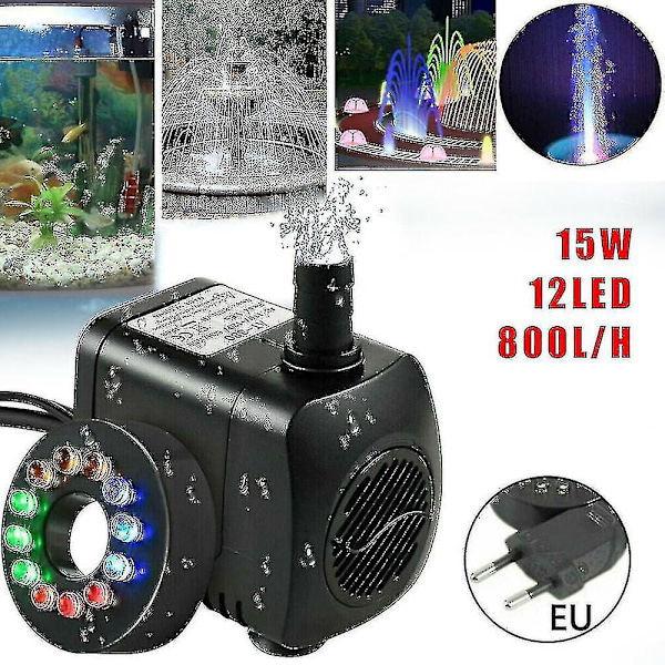 15W 800 l/h Suihkulähde Pumppu, Lammikkopumppu, Suihkulähde Pumppu, Puutarhapumppu, Suihkulähde Pumppu 12 LED-Valolla
