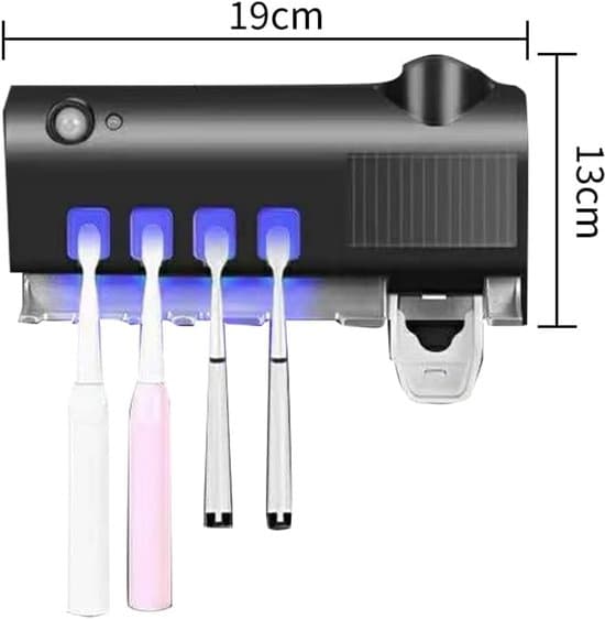 Wall Mounted UV Toothbrush Holder, Toothpaste Dispenser and Storage Rack, UV Toothbrush Sterilizer for Bathroom (Black)