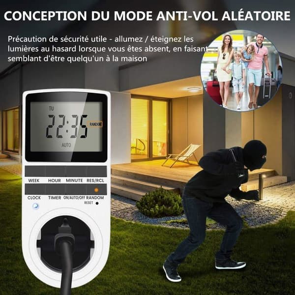 Digital timer 16A / 3680W, stikkontakt, 16 konfigurerbare programmer, 24/7 tilfeldig tyverisikringssystem