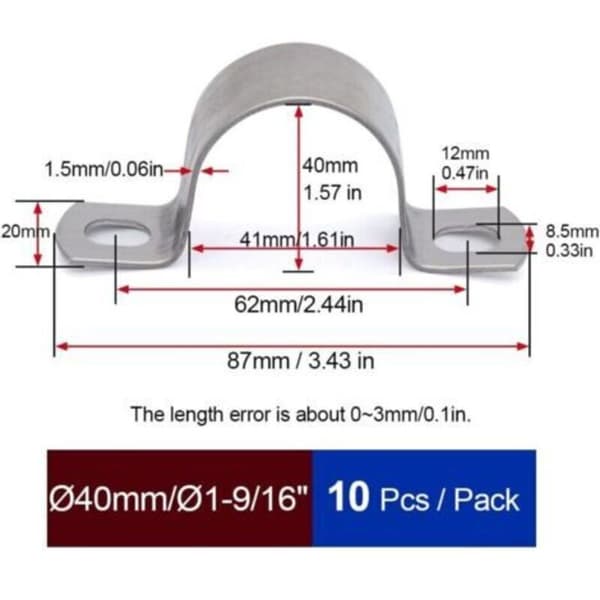Kraftiga U-formade slangklämmor, 40 mm diameter, rostfritt stål, 10-pack