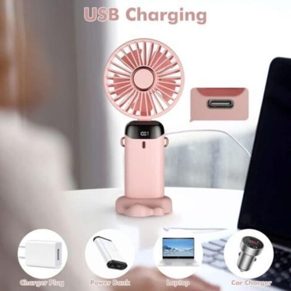Mini bærbar ventilator, USB genopladelig, 5 blæserhastigheder, med base, foldbar bordventilator.
