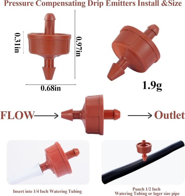 60 droppers, 8 liters/hour, pressure compensated - Complete accessories for drip irrigation systems for potted plants and gardens.