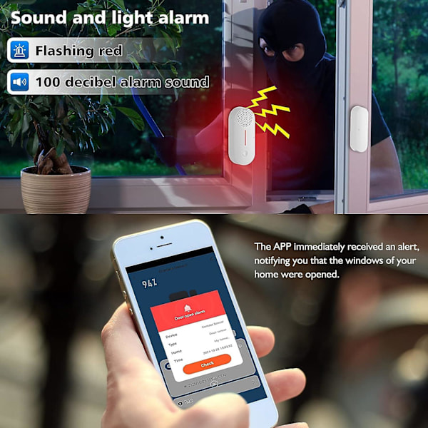 Wifi dörr- och fönsterlarm, 100b siren, Tuya app fjärrkontroll, tidsinställd aktivering/avaktivering, justerbar volym, trådlöst hemlarm, kompatibel med Google Hom
