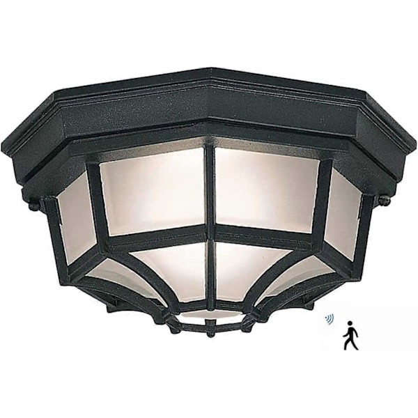 12W LED Utendørs Taklampe - Klassisk Vegglampe med Bevegelsessensor i Sort Metall/Glass, Ideell for Utendørsområder med Sterk Belysning