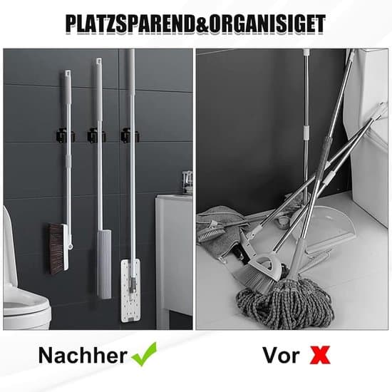 4-delt veggmontert magnetisk kost- og moppholder - Svart