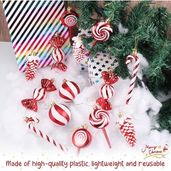 Christmas Decorations - 15 Piece Set - Red and White - Reusable - Christmas Baubles, Pine Cones, Candy Canes and Candy