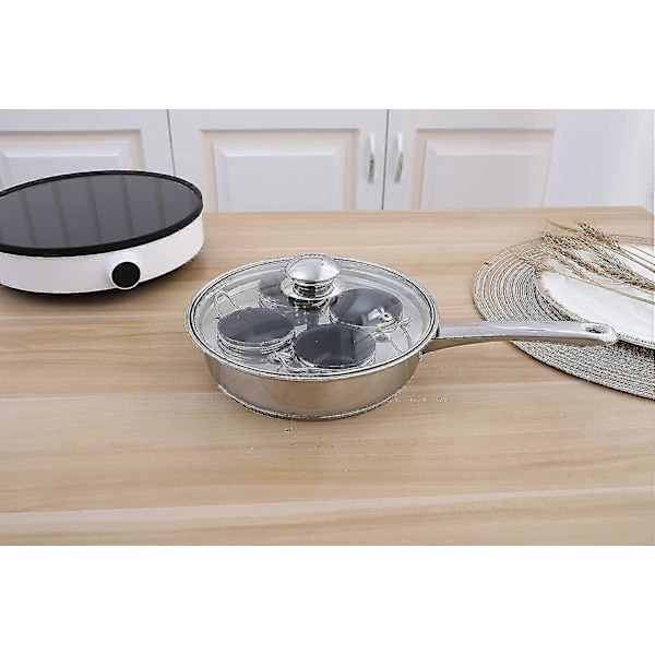 Äggkokare med 4 Koppar - Äggkokare i Rostfritt Stål för Pocherade Ägg, Induktionshäll, Äggkokare Set med 4 Nonstick Stora Silikon Äggkokare Koppar