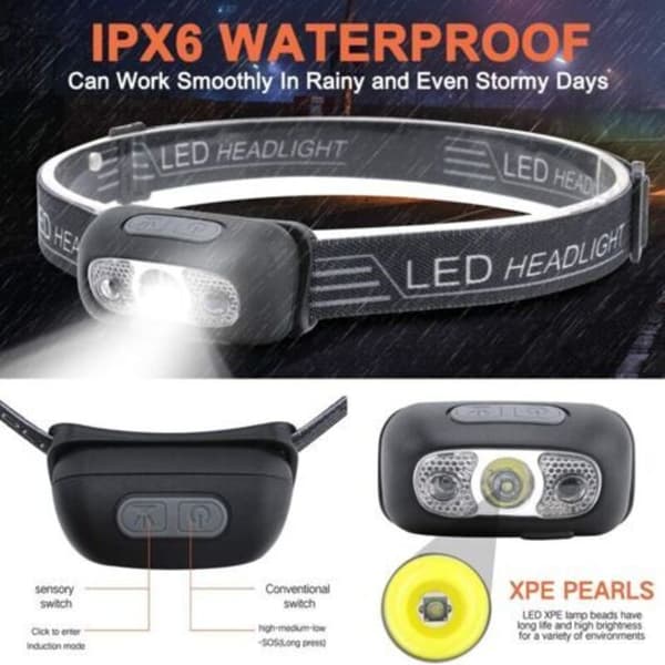 USB oppladbar hodelykt med LED-sensor, lett, IPX4, 120 lm