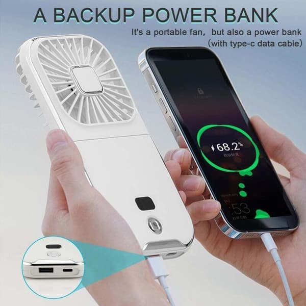 Mini bærbar USB-halsvifte. 3000 mAh. Liten vifte. Stillegående USB-vifte. Hvit.