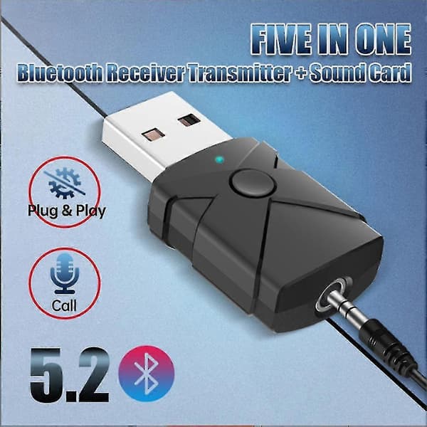 USB Bluetooth 5.2 Lydadapter Trådløs Mottaker Sender Lydkort 3.5mm Aux Musikk Dongle for