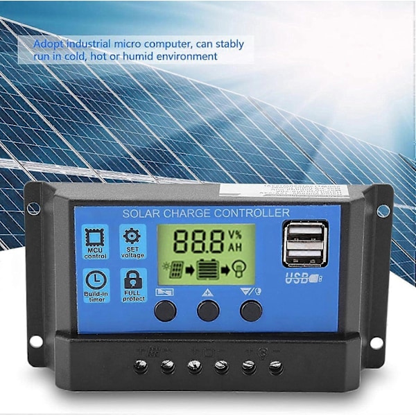 12V/24V Dobbel USB Solcellepanel Ladekontroller (20A)