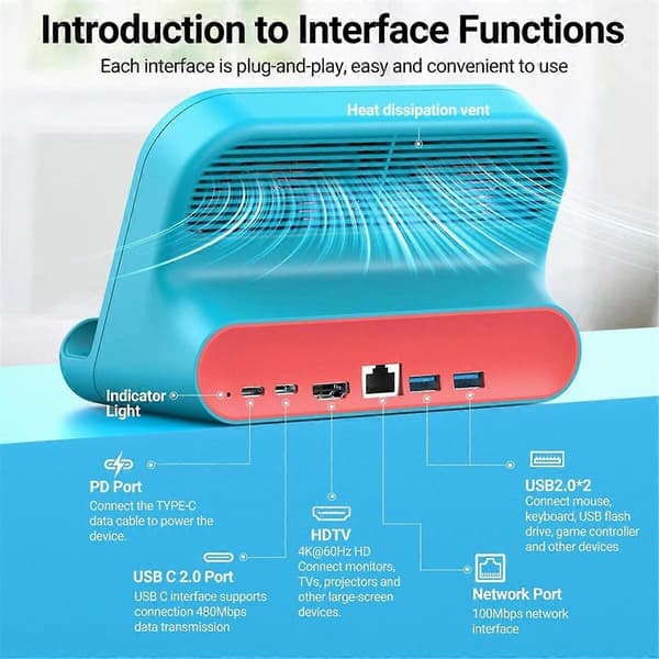 6-i-1 Dockingstasjon for Switch USB-C Spillhub med USB2.0x2+RJ45 100M+PD 100W+Kjølevifte for Switch/OLED Pad