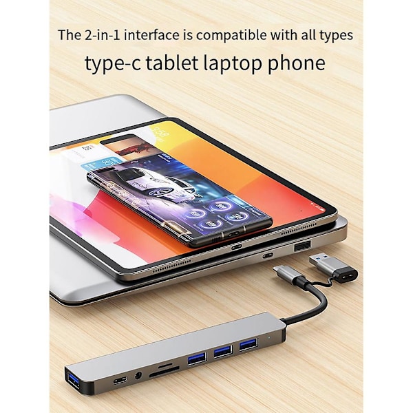 USB-dockningsstation, 8-i-1-hub, med PD100W, SD/TF, Audio 3.5, 4 USB-portar, för bärbara datorer, T