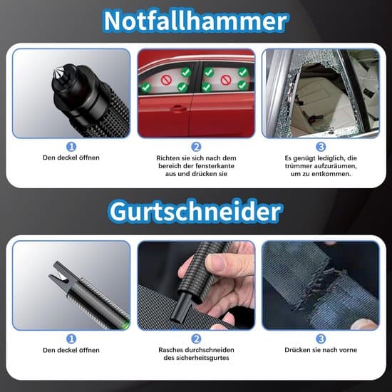 2-piece emergency hammer with seatbelt cutter, 2-in-1 car safety hammer with spring press technology 20 kg impact force, waterproof compact