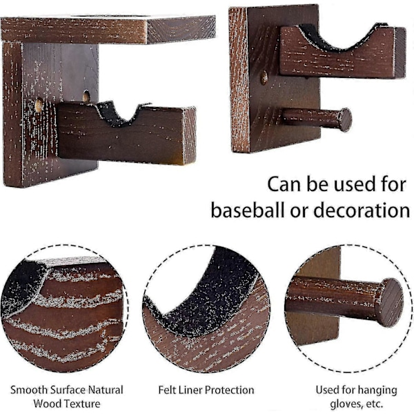 3-i-1 Väggfäste för Baseballträ & Softboll & Handske, Horisontell Hylla i Massivt Trä