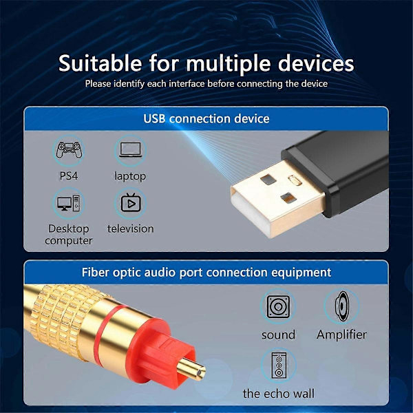 USB til Optisk Lydadapter USB A til Fiberoptisk Lyd SPDIF Portforbindelse Lydkonverterkabel til Computer Bærbar