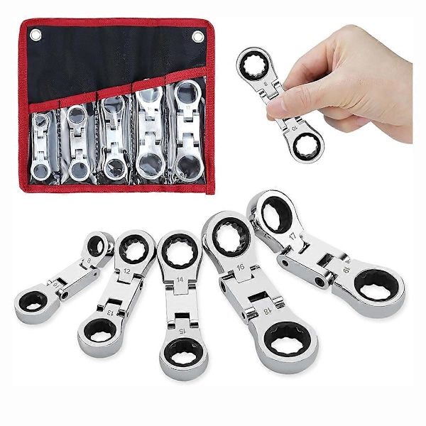 5-delars Flex-Head Stubby Spärrkombinationsnyckelsats, Mini-nyckelsats, Dubbel Ringände Flex-Hea
