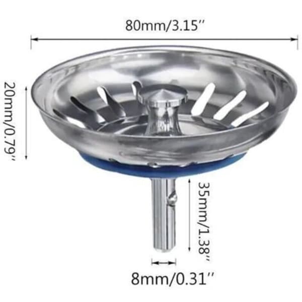 Diskbänkspropp med justerbar stift - Universell diskbänkspropp, pop-up sil, rostfritt stål, diskmaskinssäker (80 mm)