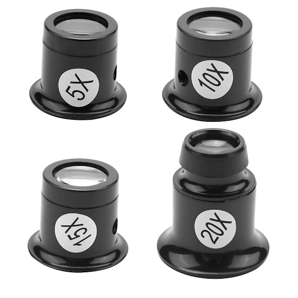 4 stk. Lupe Brilleforstørrelsesglasssett 5X 10X 15X 20X Urreparasjon Lupe Forstørrelsesglasssett